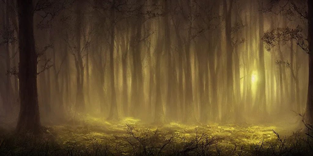 Image similar to beautiful matte painting of a fantasy dark forest at night