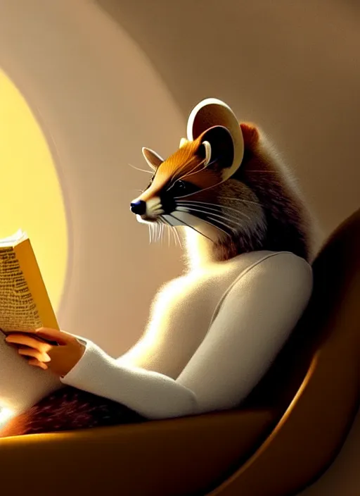 Image similar to A beautiful scene featuring a humanoid pine marten in loose white clothing reading on a couch. Golden hour. Hyperrealistic. Trending on CGSociety.