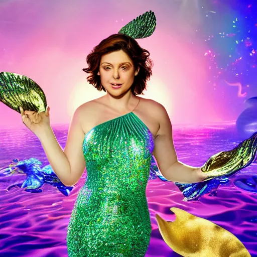Prompt: rachel bloom as a beautiful mermaid pop star in a club surrounded by piles of money, ultra detailed, 8 k resolution, ultrarealistic