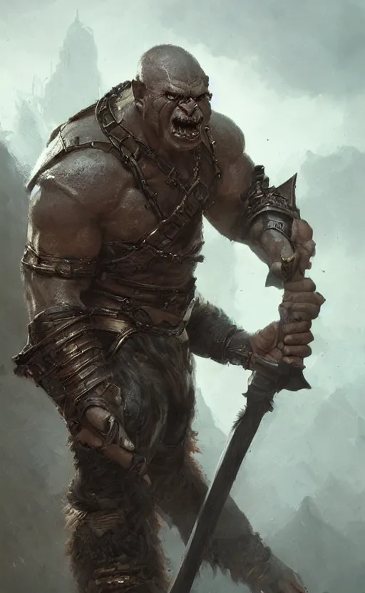 Image similar to Portrait of an orc holding a large warhammer, male, detailed face, fantasy, highly detailed, cinematic lighting, digital art painting by greg rutkowski