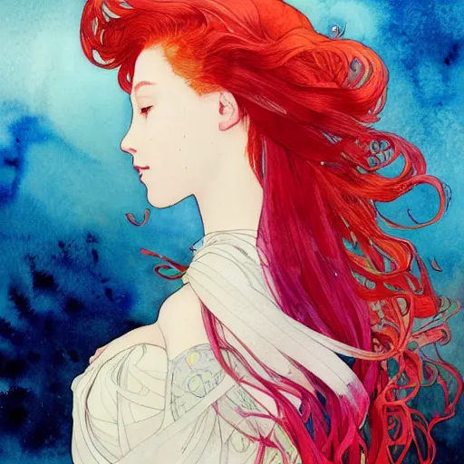 Prompt: side view a beautiful and inspiring intricate watercolor illustration artwork red hair girl, 4 k, ultra - wide angle, by william turner, by victo ngai, by alphonse mucha, by miho hirano, hd, trending on artstation, hyper detailed, muted colors, inspiring, beautiful, energetic