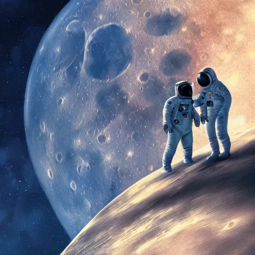 Prompt: Two people stay on the Moon and look at Earth rising, highly detailed, illustration, digital painting, artstation, artgem, smooth, landscape with two characters in the background