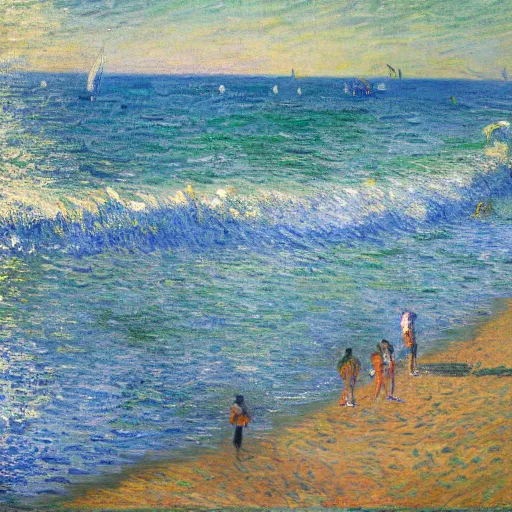 Image similar to modern people swimming and paddling in the sea at brighton uk the sunlight catches the waves, sparkling and glistens, glittering, near the beach on a hot sunny day painted monet and van gogh painterly style