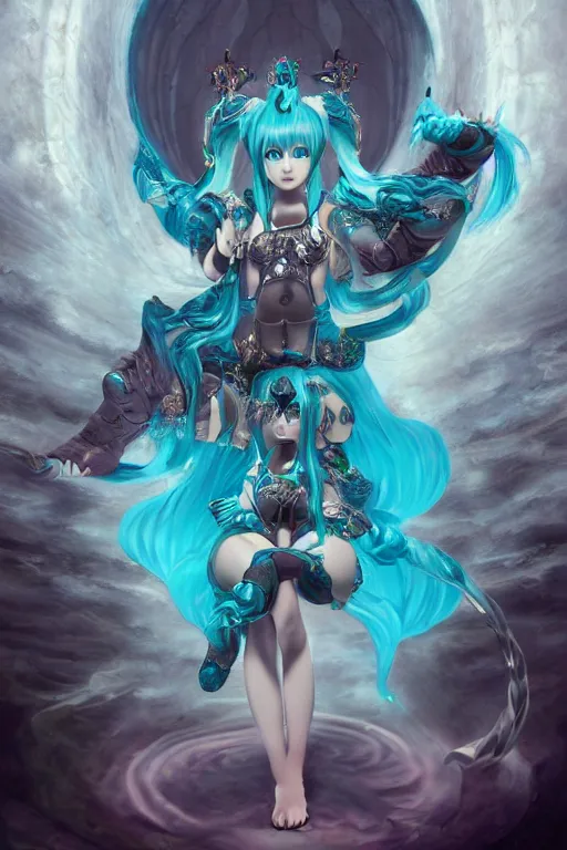 Prompt: an ultra detailed 3 d render of the voluptuous and god empress hatsune miku as an elden ring boss, 8 k, in the style of a fantasy metal album cover and magic the gathering, volumetric lighting, smooth, highly detailed, digital illustration, octane render, art by albert bierstadt and greg rutkowsi, artstation