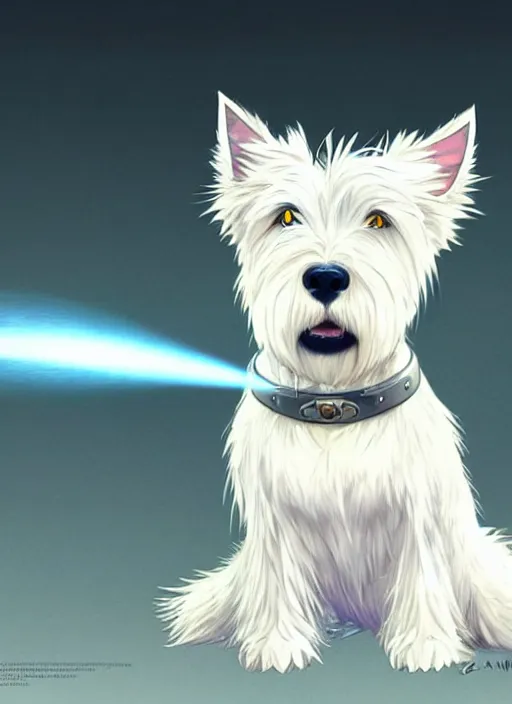 Image similar to a west highland white terrier sitting politely, facing the camera, anime art style, wearing futuristic, led - lit armor, and a cannon mounted on his back, portrait, high detail, sharp focus, digital painting, artstation, concept art, art by hayao miyazaki and artgerm and greg rutkowski and alphonse mucha.