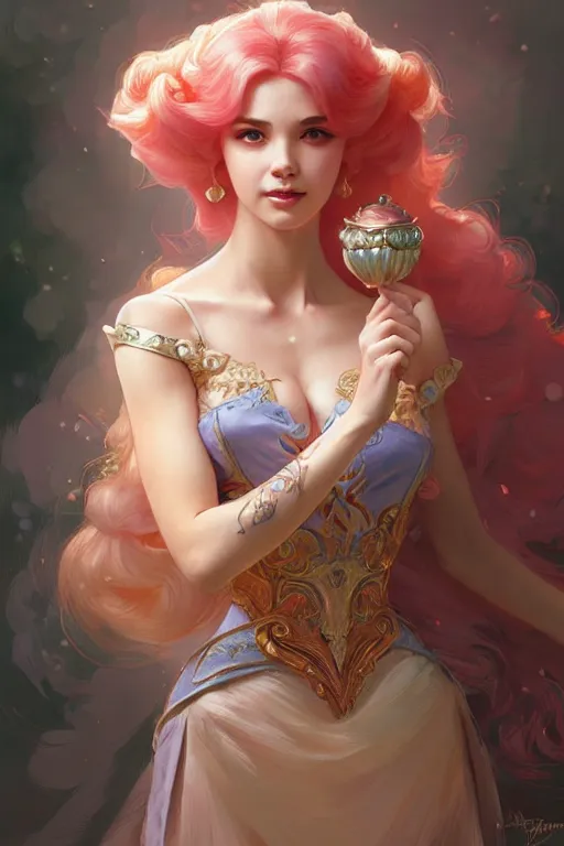 Image similar to Princess Peach, fantasy, intricate, elegant, highly detailed, digital painting, artstation, concept art, matte, sharp focus, illustration, art by Artgerm and Greg Rutkowski and Alphonse Mucha