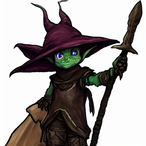 Prompt: cute tiny goblin girl wearing hunter armor from Bloodborne and a wizard hat, d&d, Newgrounds