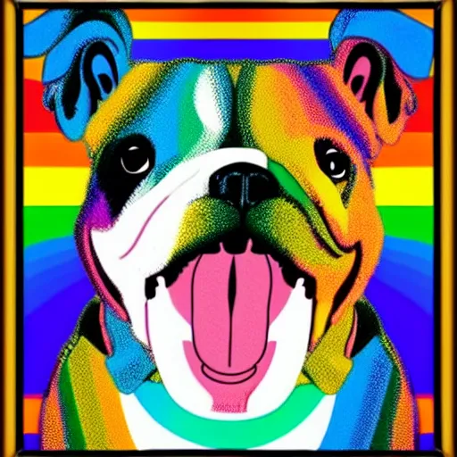 Prompt: rainbow excited smiling bulldog. pop art.