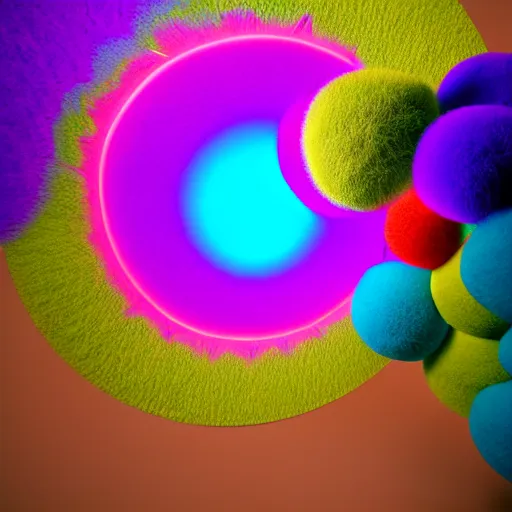 Prompt: : colorful abstract hyperbolic fuzzy sculpture on the wall in modern architecture, cinematic lighting, hyper - realistic, detailed, render by c 4 d octane, unreal engine, 8 k 3 d render