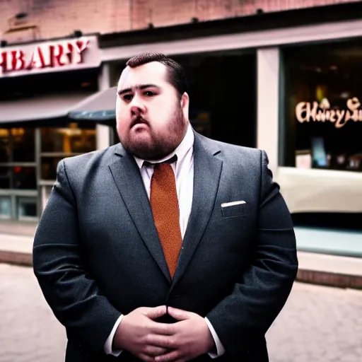 Prompt: Close up portrait of a chubby man wearing a brown suit and necktie with a bakery in the background. Photorealistic. Award winning. Dramatic lighting. Intricate details. UHD 8K. He looks about to cry.