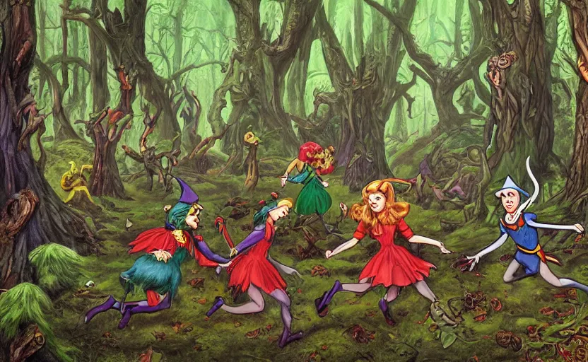 Prompt: a scene of cartoon elves running through a clearing in a dark fantasy forest surrounded by darkness and monster trees. hyperrealist illustration. muted colors. 1 9 7 0's pulp science fiction and fantasy cartoon for alice in wonderland and wizard of oz. highly detailed and richly colored painting by don ivan punchatz and basil gogos. trending on artstation