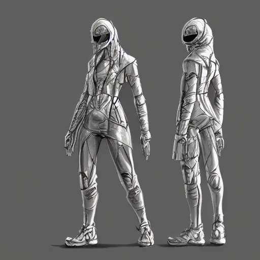 Prompt: character design sketch humanoid by ahmet atil akar, concept art character, cyberpunk fashion, marvelous designer, fantasy, painted, 4 k, high detail, sharp focus, trending in artstation