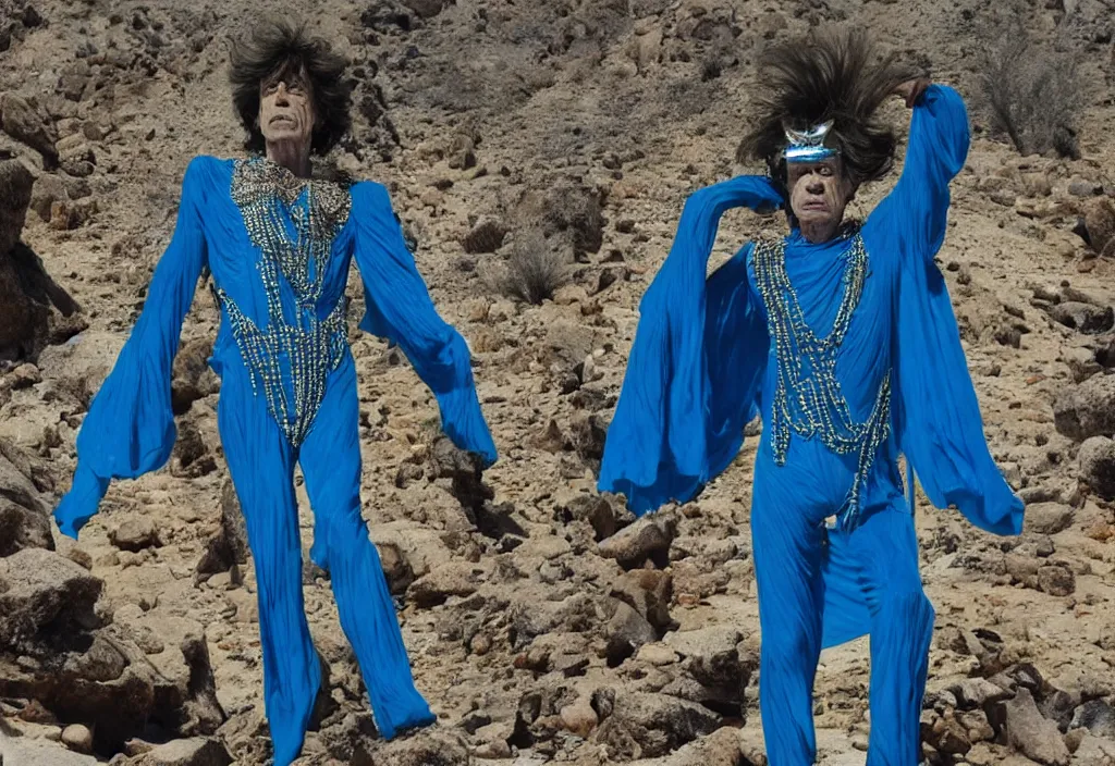 Image similar to mick jagger dressed in blue costume with many jewels in a dry rocky desert landscape, ultradetailed alien complex city and giant alien spaceshipby hans giger, film still from the movie by alejandro jodorowsky with cinematogrophy of christopher doyle and art direction by hans giger, anamorphic lens, kodakchrome, 8 k