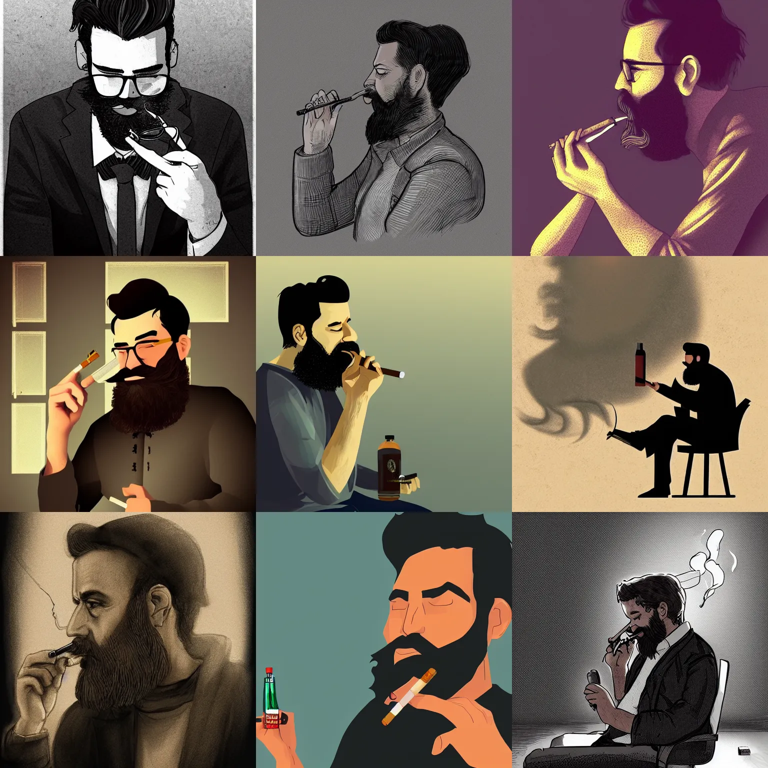 Prompt: digital art of a writer with a beard sitting, he is smoking a cigarette, he is holding a bottle in his other hand, artstation, highly detailed, realistic, dramatic lighting, contrast shadows