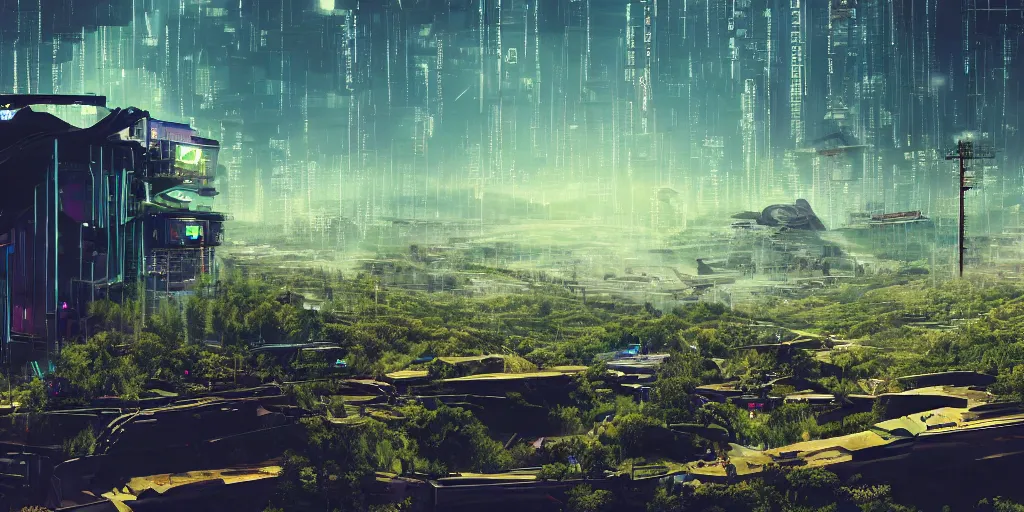 Image similar to a cinematic composition depicting : a computer run cyberpunk and solarpunk world, viewed from the cyberpunk mountain overlooking a hopeful and lush foresty solarpunk valley