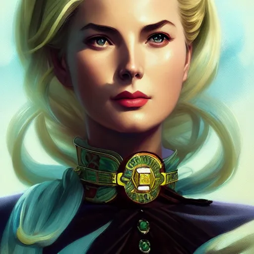 Image similar to Grace Kelly as Tsunade from Naruto, western, D&D, fantasy, intricate, elegant, highly detailed, digital painting, artstation, concept art, matte, sharp focus, illustration, art by Artgerm and Greg Rutkowski and Alphonse Mucha