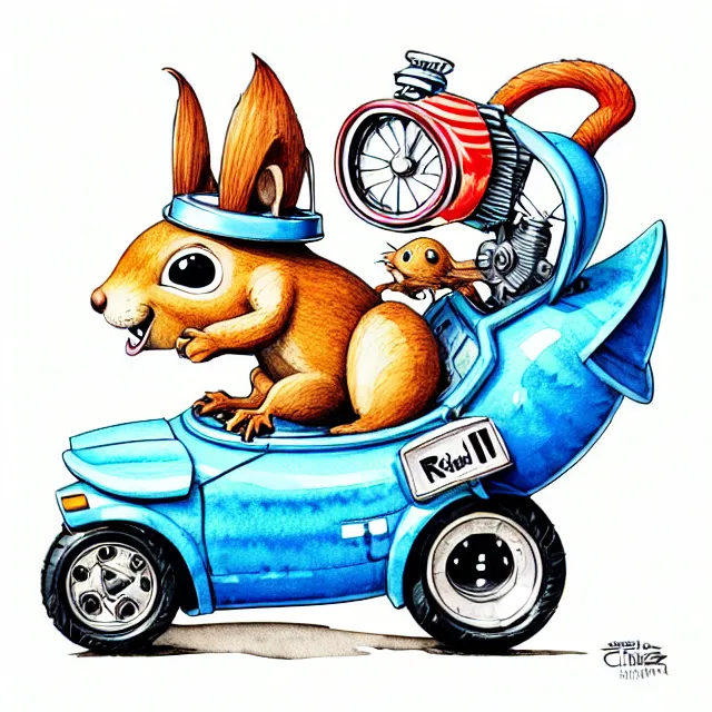 Image similar to cute and funny, squirrel wearing a helmet riding in a hot rod with oversized engine, ratfink style by ed roth, centered award winning watercolor pen illustration, isometric illustration by chihiro iwasaki, edited by range murata, tiny details by artgerm and watercolor girl, symmetrically isometrically centered, sharply focused