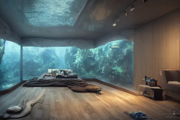 Image similar to a dim light spacious room with freshwater aquariums as walls, hyper realistic, ambient lighting, concept art, intricate, hyper detailed, smooth, dynamic volumetric lighting, octane, raytrace, cinematic, high quality, high resolution, 4 k, cgsociety, rutkowski, gurney