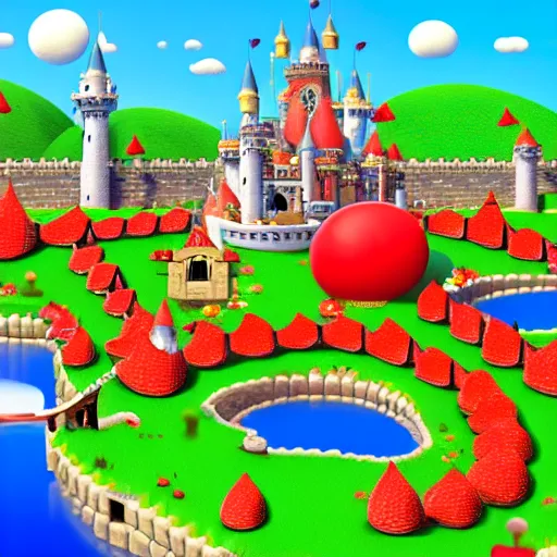 Image similar to large fantasy castle in the style of peaches castle in super mario, giant red and white spotted mushrooms, exotic flowers, roses, in a huge garden, sharp rays of sunlight, mortal engines howls moving castle, distant - mid - shot, fantasy, hyper detailed, 4 k