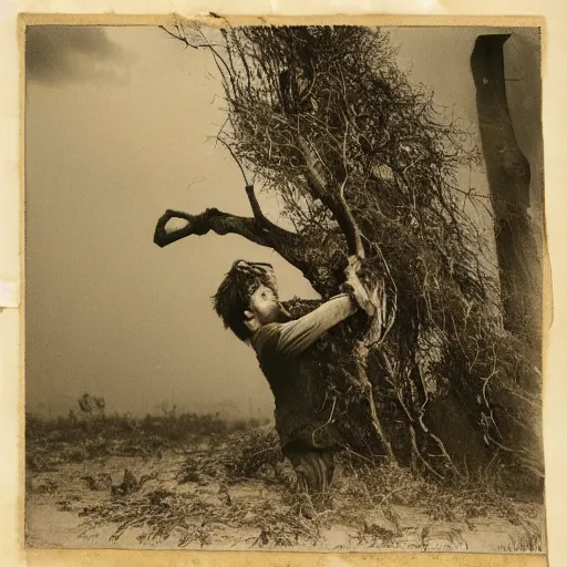 Image similar to The photograph shows a man caught in a storm, buffeted by wind and rain. He clings to a tree for support, but the tree is bent nearly double by the force of the storm. The man's clothing is soaked through and his hair is plastered to his head. His face is contorted with fear and effort. by John Hejduk desaturated, dynamic