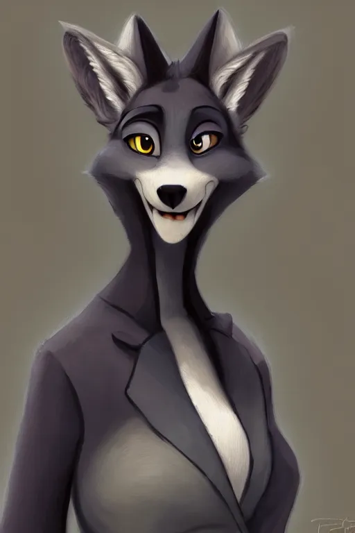 Image similar to oil painting of anthromorphic female wolf, in style of cory loftis, female fursona, furry, furaffinity, 4 k, deviantart, furry art, fursona art, wearing black business suit, business suit, in style of zootopia, wolf fursona, cyberpunk, female, very expressive detailed feminine face,