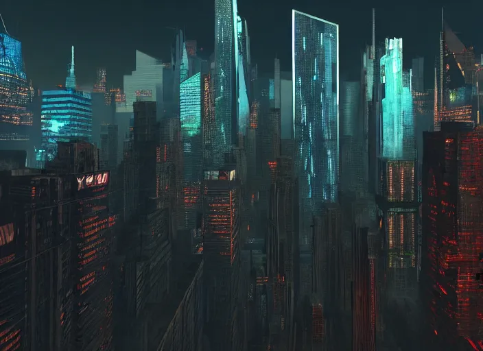 Image similar to cyberpunk scifi scene of new york skyline at night, artstation, matt painting, very detailed, maximalism, ambient occlusion, volumetric light, atmospheric haze, unreal engine, hyper realism, realistic shading, cinematic composition, realistic render, octane render, detailed textures, photorealistic, wide shot