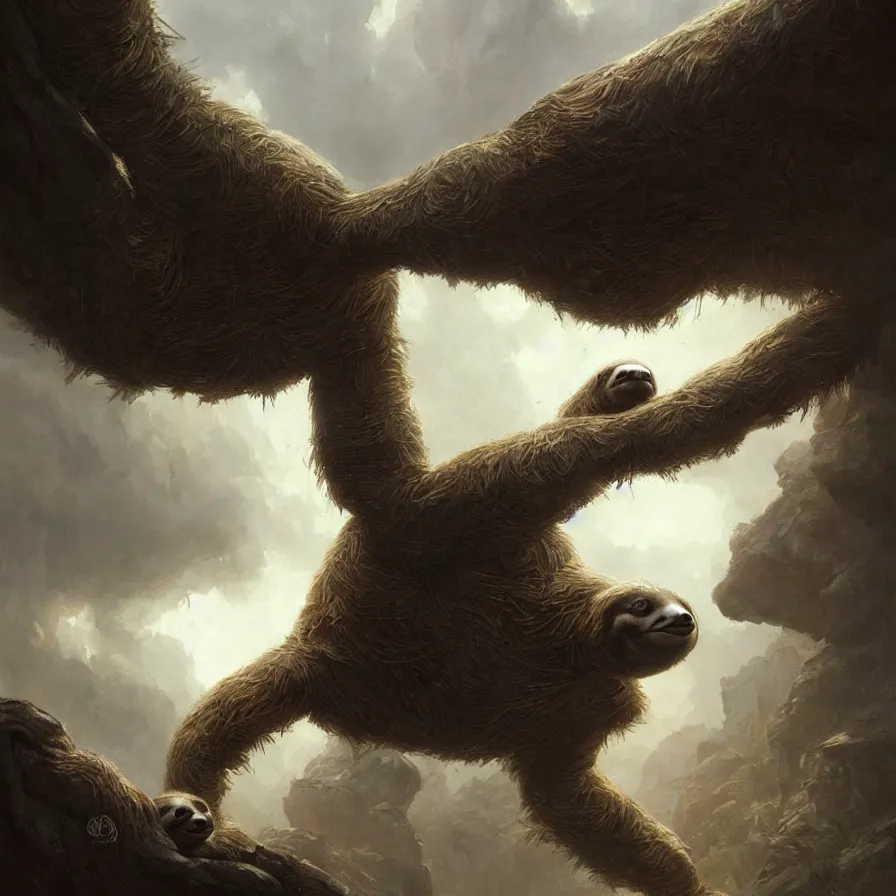 Prompt: colossal sloth, high detail, dramatic light, digital art, painted by greg rutkowski, painted by seb mckinnon, trending on artstation