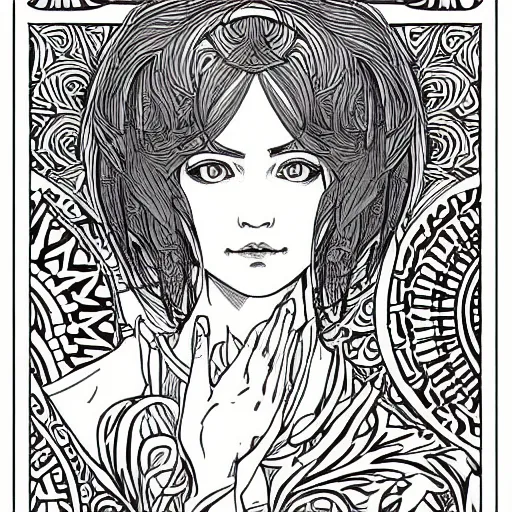 Prompt: clean simple line art of a little bit with short hair. no background. well composed, clean coloring book page, beautiful detailed face. coloring book line art by greg rutkowski and johanna basford and alphonse mucha