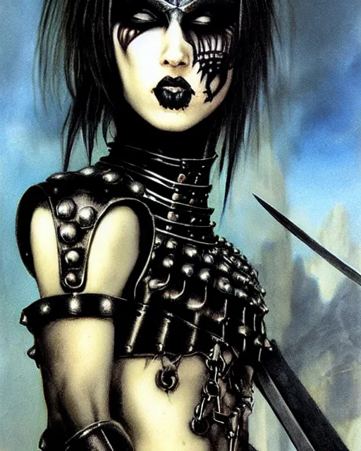 Image similar to portrait of a skinny punk goth warrior wearing armor by simon bisley, john blance, frank frazetta, fantasy, thief rogue