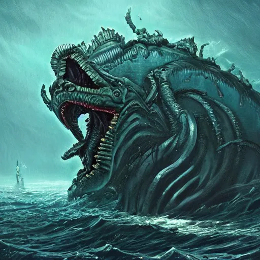 Image similar to sea beast of the depths in the style of michael whelan and h. p. lovecraft. hyperdetailed photorealism by greg rutkowski