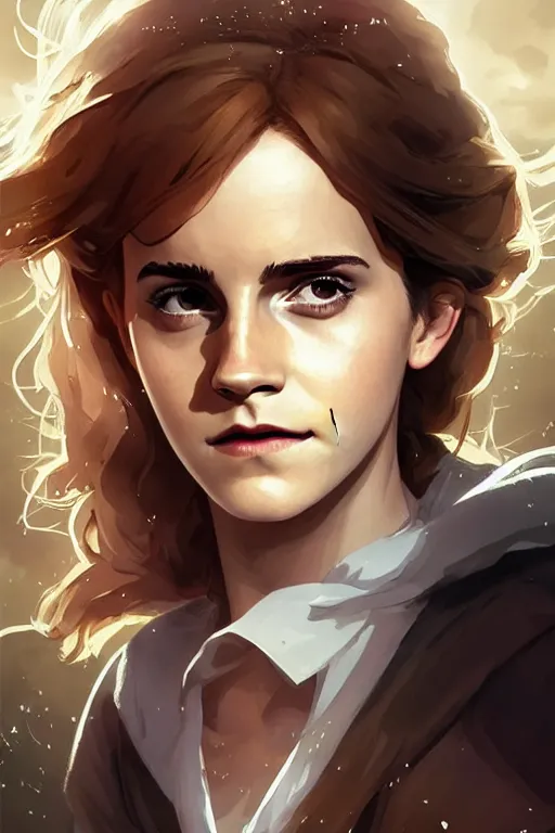 Image similar to Poster artwork, Emma Watson as Hermione Granger, magnificent, medium shot, close up, details, sharp focus, elegant, highly detailed, illustration, by Jordan Grimmer and greg rutkowski and PiNe(パイネ) and 薯子Imoko and 香川悠作 and wlop!! and maya takamura, intricate, beautiful, Trending artstation, pixiv, digital Art