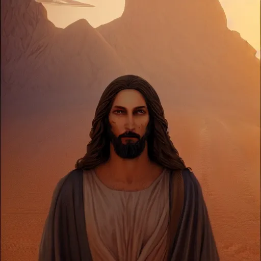 Prompt: an Artstation 3d render of Very very very very highly detailed beautiful mystic photo of jesus in the desert, intricate, extremely detailed, digital painting, artstation, concept art, smooth, sharp focus, illustration, intimidating lighting, incredible art,