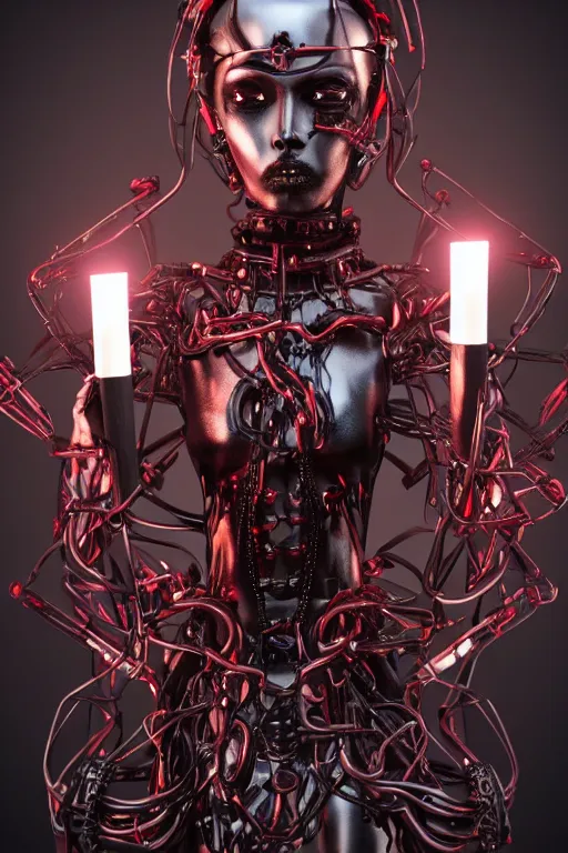 Image similar to full-body cyberpunk style sculpture of a young beautiful dark priestess, half android with a head opening exposing circuitry, glowing red eyes, black roses, flowing blood red colored silk, fabric, candles. baroque elements, human skull. full-length view. baroque element. intricate artwork by caravaggio. crows flying in background. Trending on artstation, octane render, cinematic lighting from the right, hyper realism, octane render, 8k, depth of field, 3D