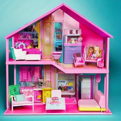 Image similar to “Barbie dream house but it’s all cluttered because Barbie became a hoarder”