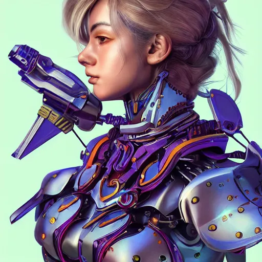 Image similar to studio portrait of lawful good colorful female holy mecha paladin absurdly beautiful, elegant, young sensual graceful woman, ultrafine hyperrealistic detailed face illustration by kim jung gi, irakli nadar, intricate linework, sharp focus, bright colors, matte, octopath traveler, final fantasy, unreal engine highly rendered, global illumination, radiant light, intricate environment