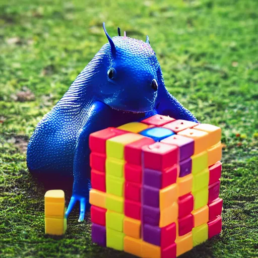 Image similar to cinematic photo of a beautiful dark blue skinned axolotl woman lit with saturated split colour yellow and red lighting playing giant jenga on the lawn