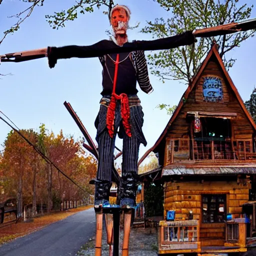 Image similar to Baba yaga tavern walking on stilts. No people. Stilts have claws.