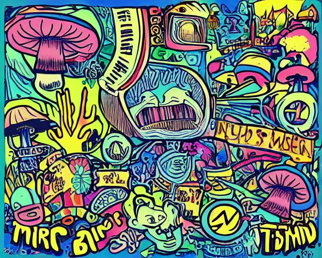 Prompt: mac miller, mushroom trip, art style by john keebs lee, pittsburgh, blue slide park, good vibes, peace, love, 4 2 0, don't trip, swimming in circles, highly detailed