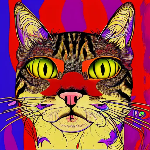 Prompt: portrait of a cat in the movie fear and loathing in las vegas, extremely detailed, psychedelic, trippy, digital painting, centered, vertical symmetry, trending, artstation artwork by leonardo da vinci