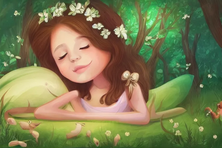 Image similar to a beautiful illustration of a little cute girl on her bed dreaming about a beautiful green forest with cute animals, detailed face, beautiful colors, digital art