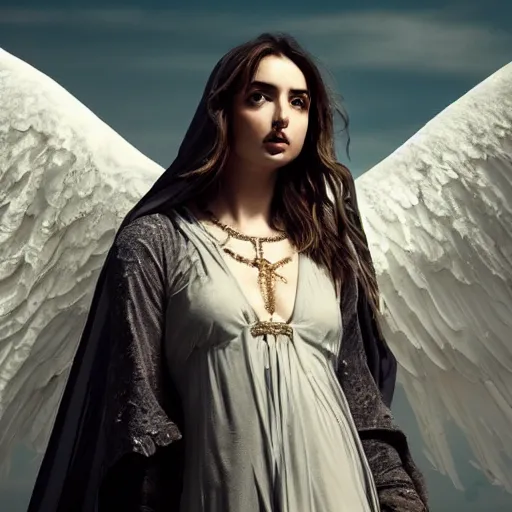 Prompt: tall female angel, ana de armas, flowing robes, shroud, veil, ornate armor, standing on a snowy ruined temple