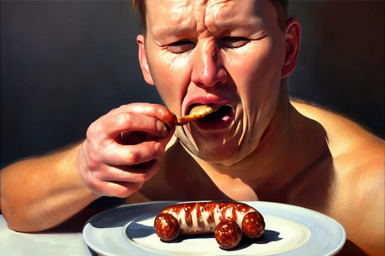 Prompt: ( ( a beautiful 8 k photorealistic masterpiece oil painting ) ( of ( a finnish man eating a sausage in seinajoki ) ) ) ( hyperrealism ) ( 1 6 k ) ( trending on artstation )