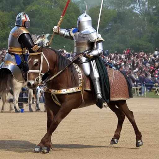 Prompt: a mounted knight in full armor and a lance, riding in a jousting tournament