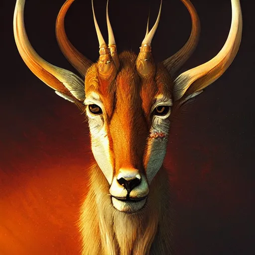 Image similar to a dramatic head portrait of a antelope in tiger skin, cinematic lighting, symmetric face by karol bak, christopher balaskas