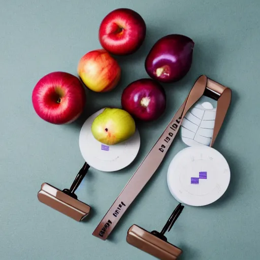 Prompt: set of balance scales with weights, libra style, one apple and one onion