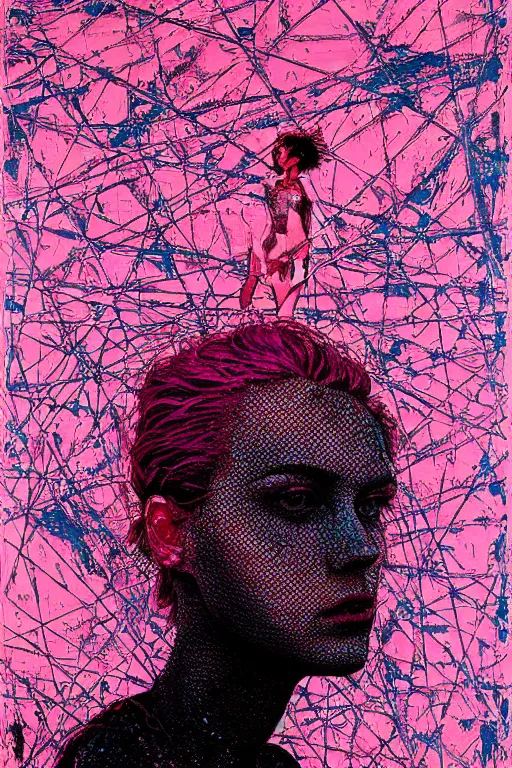 Image similar to dreamy rock girl, pink leather outfit, detailed acrylic, grunge, intricate complexity, by dan mumford and by alberto giacometti, peter lindbergh, malevich, william stout