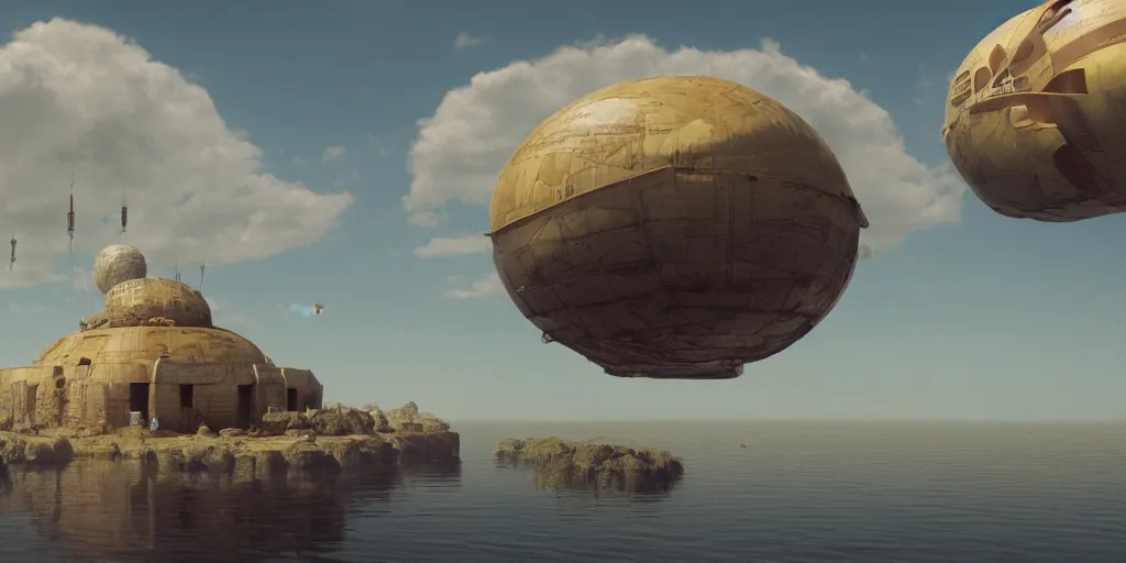 Prompt: a floating island with a huge ancient civilization floating through the sky with blimps flying around photorealism, unreal engine, 8 k, volumetric lighting, beeple style