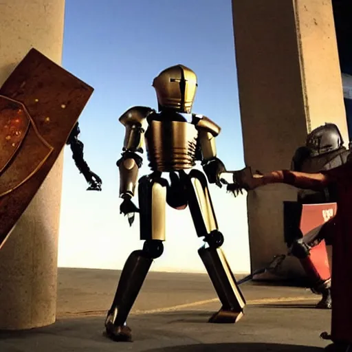 Image similar to da vinci's robot knight fighting a human knight on a battlefield