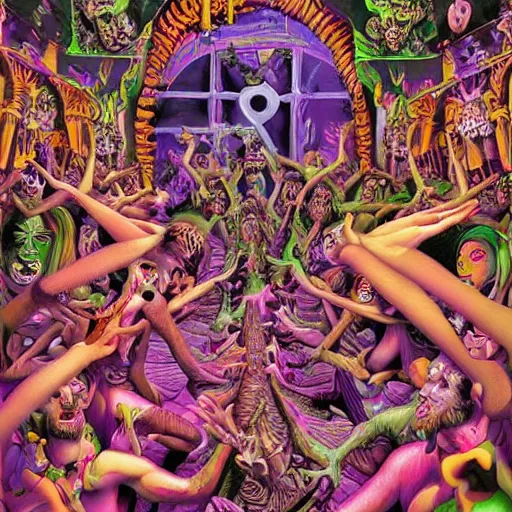Image similar to digital painting of demons in rave party in hell by Chor Boogie, intricate details, ultra detailed, 4K, award-winning, touch of M. C. Escher