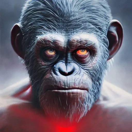 Image similar to scarred koba from the planet of the apes with one red glowing eye sitting on top of a tank, hero character art, scars, by chris leib and greg rutkowski in a surreal portrait, oil on canvas, volumetric lighting, 8k, hd.